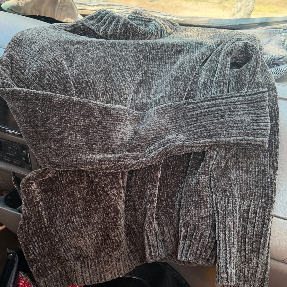 Women's Gray Chenille Ribbed Turtleneck Sweater